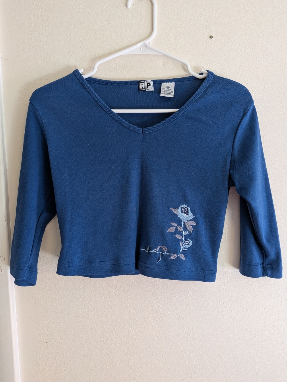 Women's Blue V-Neck Long Sleeve Top with Embroidered Rose